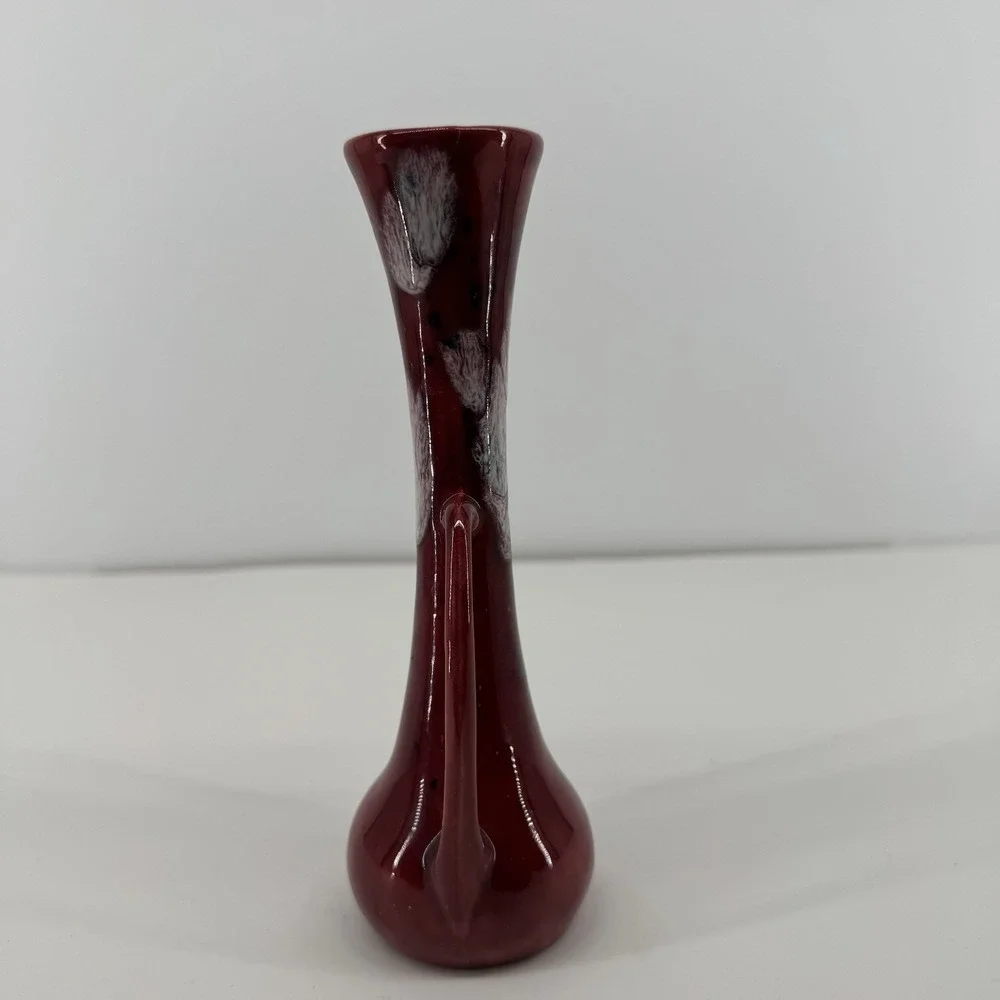Vtg Art Nouveau Red Subtle Floral Drip Glaze Mid Century Double Handled Bud Vase